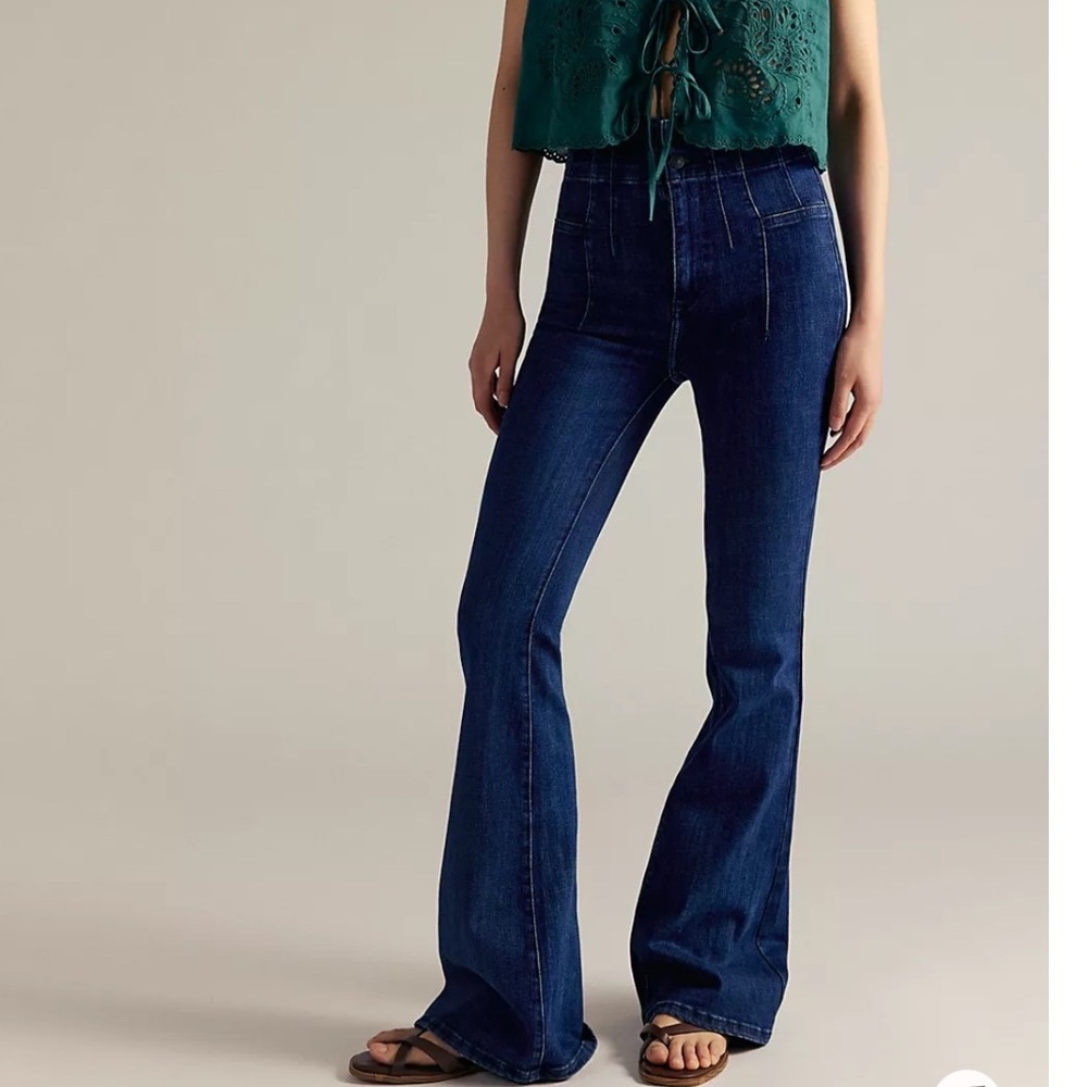 Free People Dark Wash High-Rise Flare Jeans